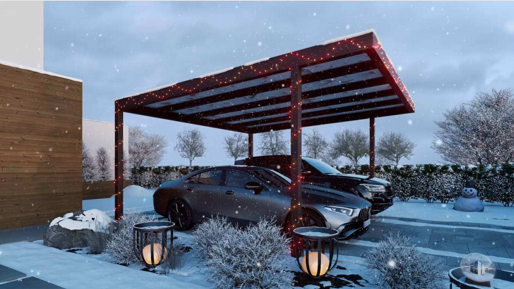 Abri voiture hiver, neige, lumières décoratives.